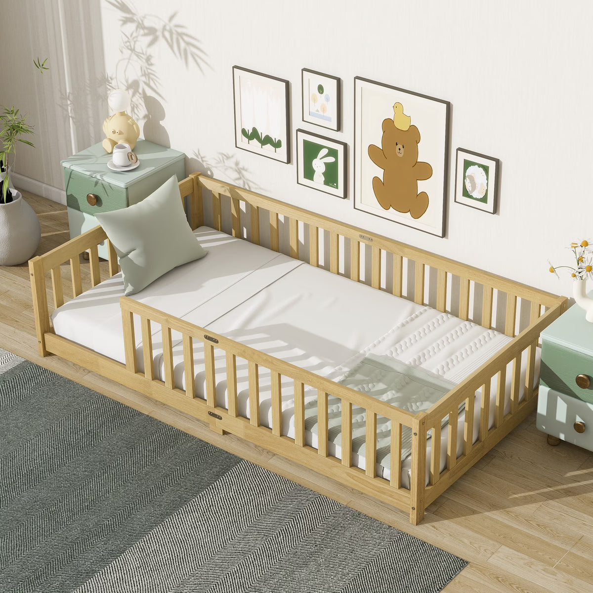 Miniyam Wooden Twin Size Floor Bed with Safety Fence for Kids, Natural