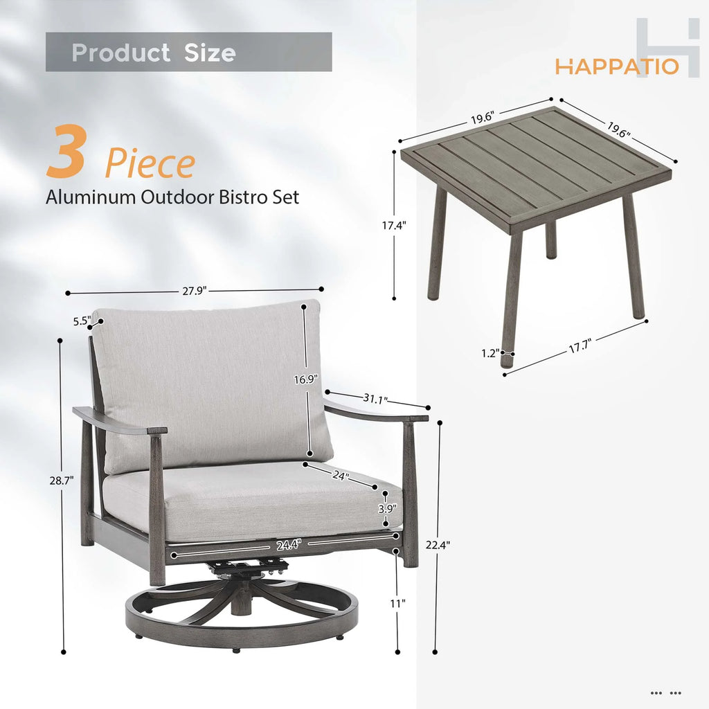 HAPPATIO Aluminum Outdoor Furniture Set - 5 Pieces Patio Furniture Set Includes 1 Side Table, 2 Swivel Chairs and 2 Ottomans with Thick Cushion, Patio Conversation Set for Backyard Poolside (Grey)