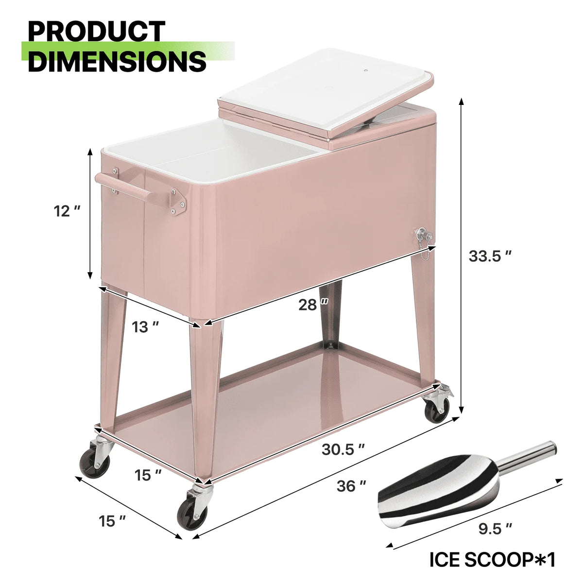 Magshion 80 Quart Rolling Cooler Ice Chest, Portable Bar Cold Drink Beverage Cart Tub, Backyard Cooler Trolley on Wheels with Ice Scoop, Catch Tray & Bottle Opener, Pink