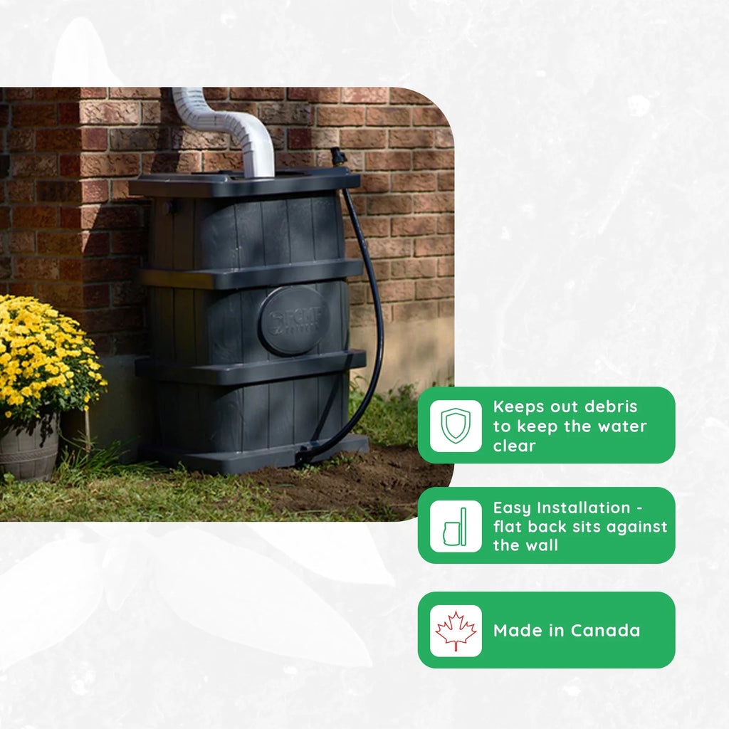 FCMP Outdoor WG4000-GRY Home Outdoor Wood Grain Rain Water Catcher Barrel