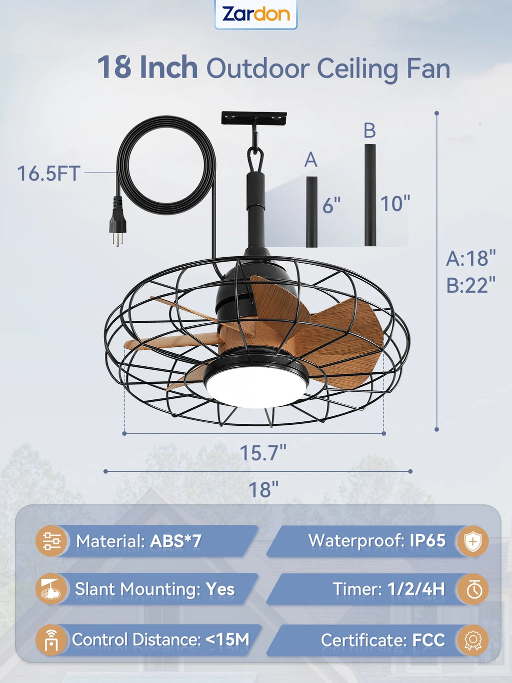 Zardon 20" Outdoor Ceiling Fan with Light and Remote, 7 Blades Caged Waterproof Gazebo Fan for Patio, Porch, Pergola Canopy, App Control