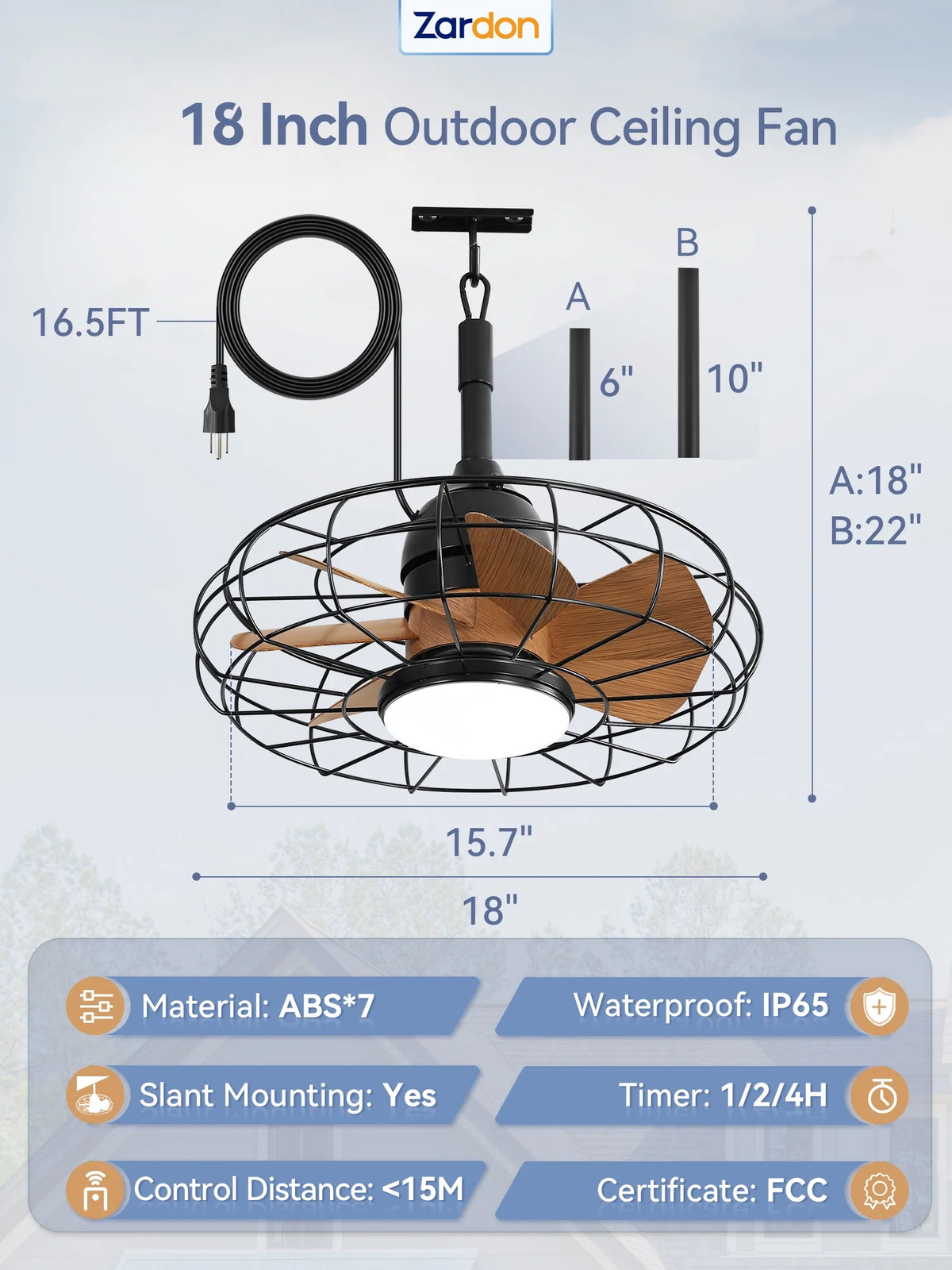 Zardon 20" Outdoor Ceiling Fan with Light and Remote, 7 Blades Caged Waterproof Gazebo Fan for Patio, Porch, Pergola Canopy, App Control
