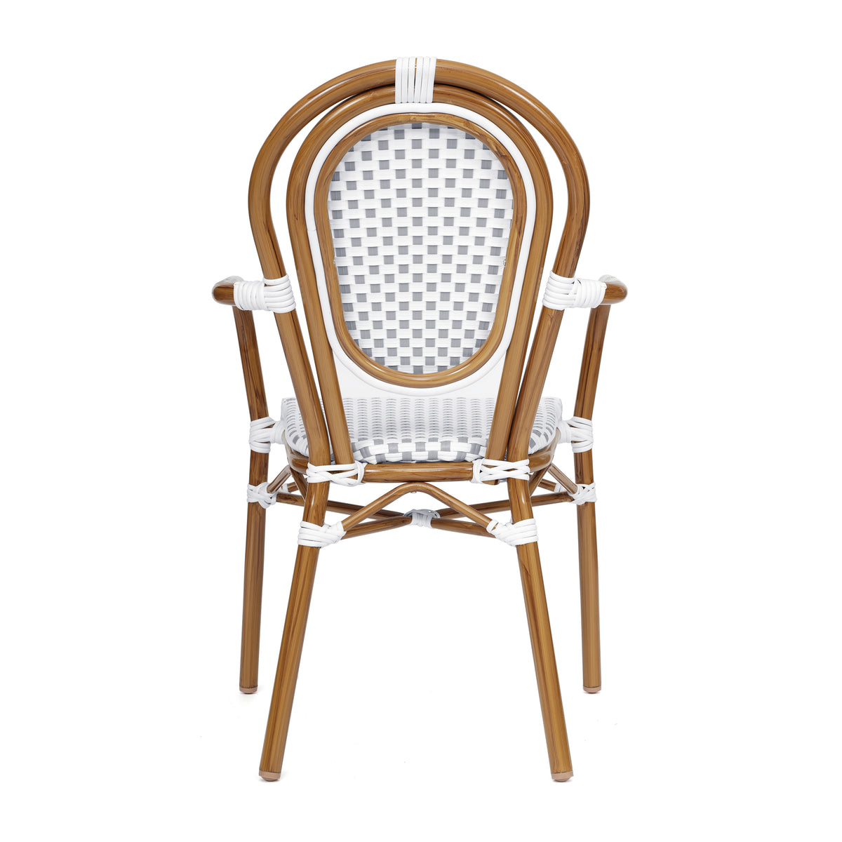 Merrick Lane Stacking Thonet French Bistro Style Chair with Arms, Black & White PE Rattan Seat, and Bamboo Finished Metal Frame for Indoor/Outdoor Use