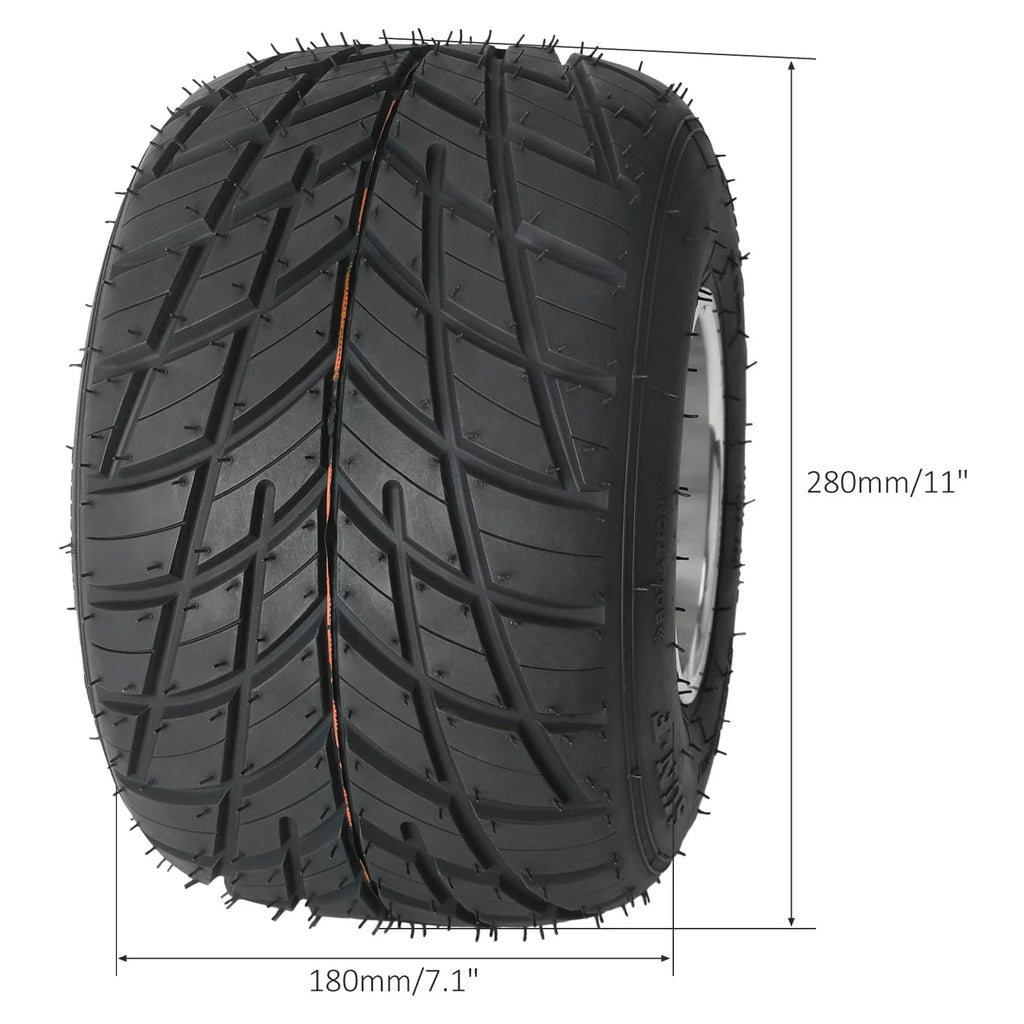 Set 4 Go Kart Tires and Rims, 10x4.50-5 Front Tubeless Tires Rims, 11x7.10-5 Rear Tires Rims, Go Cart Wheels and Tires Fit Bolt Pattern 58 mm with 3 Holes Drift Trike, Buggy Lawn Mower