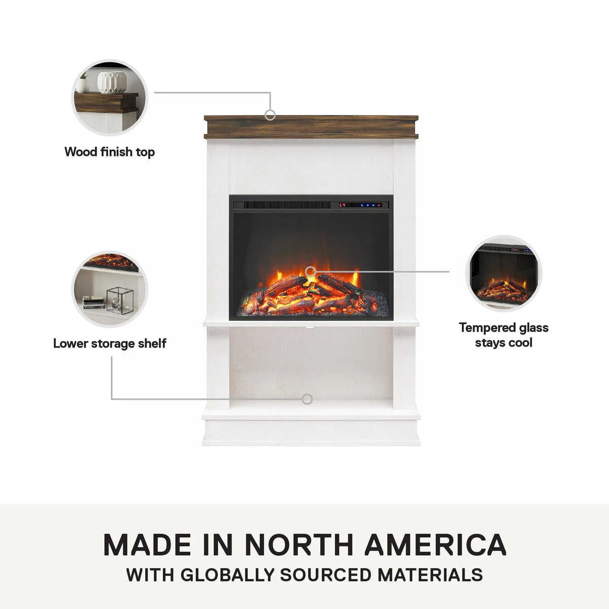 Mateo Electric Fireplace with Mantel and Open Shelf, Black with Natural