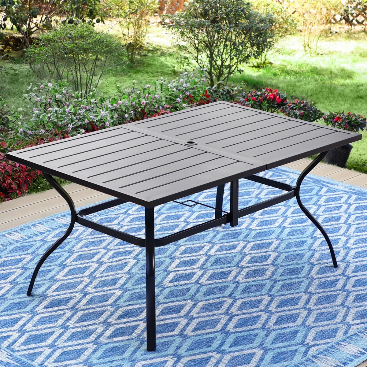 MF Studio 6-Person Outdoor Rectangular Metal Dining Table with Umbrella Hole, All-Weather Resistance Patio Table, Black
