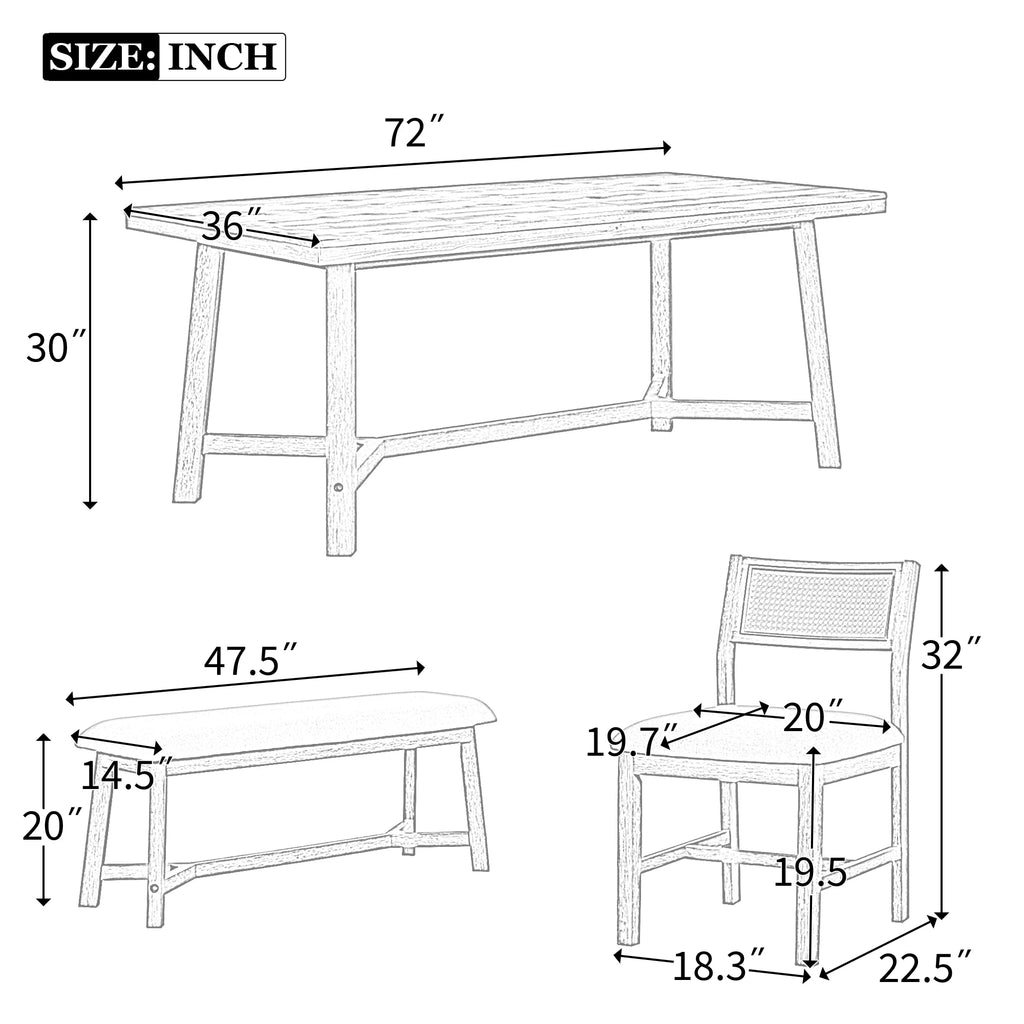 Prehome 6-piece Retro Farmhouse Dining Set, Wood Rectangular Table and 4 Upholstered Rattan Chairs, Bench, Dining Table Set for 5-7, Dining Table Set for Kitchen Dining Room Dorm Apartment, Wood Wash