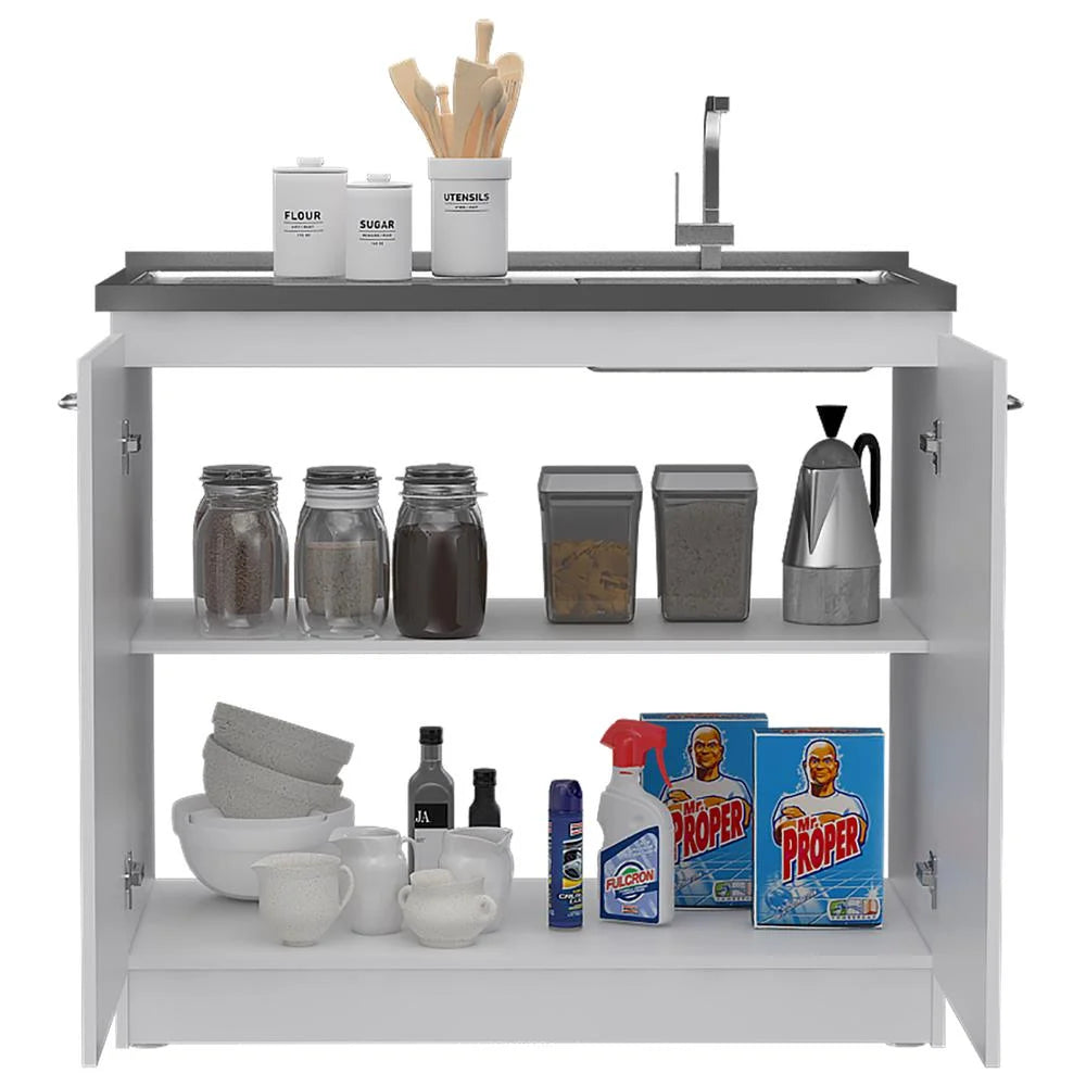 Depot E-Shop Salento Freestanding Sink With Double Door Cabinet, 2 Shelves, White/Light Oak