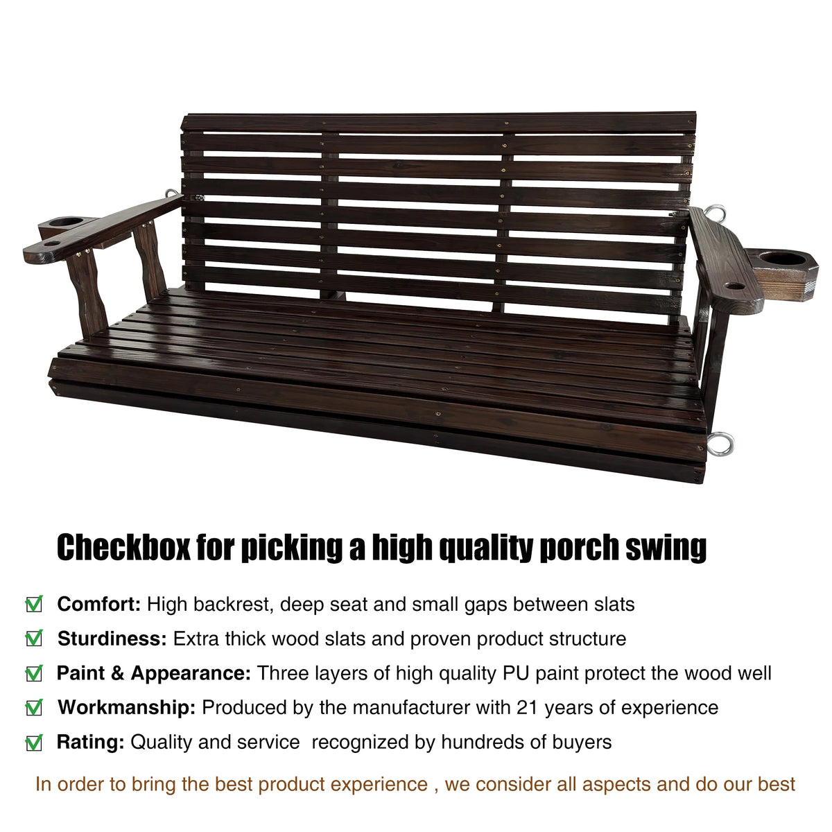 Fortune Candy 3 Person Outdoor Wood Hanging Swing, Heavy Duty 880 lbs Wood Porch Swing, Brown-5ft