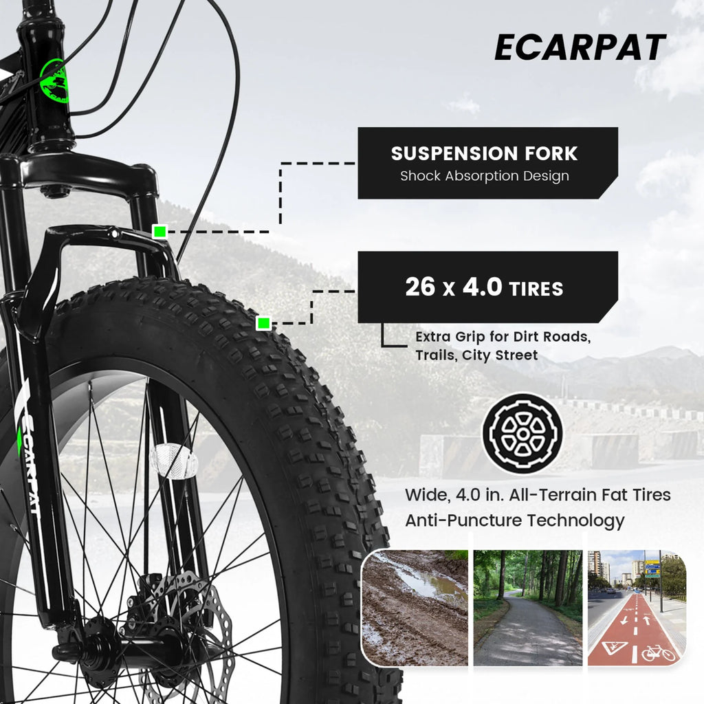 26-Inch Fat Tire Bike for Adults/Teens, Shimano 21-Speed Mountain Trail Bike with Dual Disc Brakes-Black