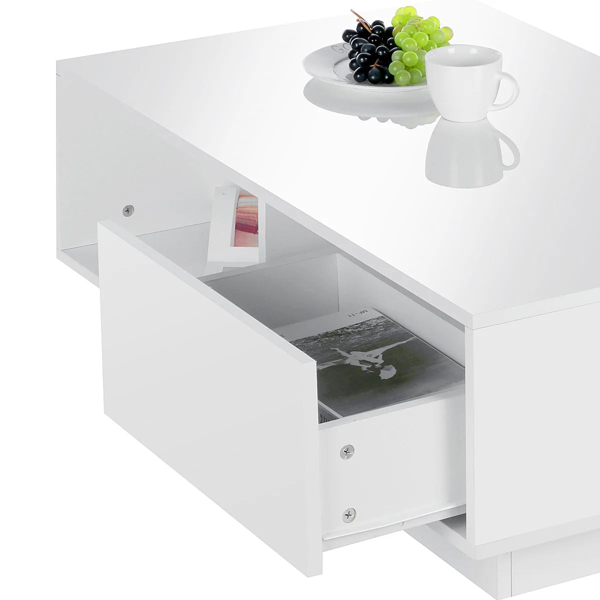Hommpa LED Coffee Table Modern Side Tables High Gloss Black Cocktail Table with 2 Drawers Open Shelf for Living Room