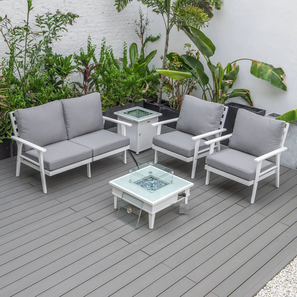 LeisureMod Walbrooke Modern Aluminum 5-Piece Patio Conversation Set with Outdoor Square Fire Pit Table with Slats Design & Side Table Tank Holder (Green)