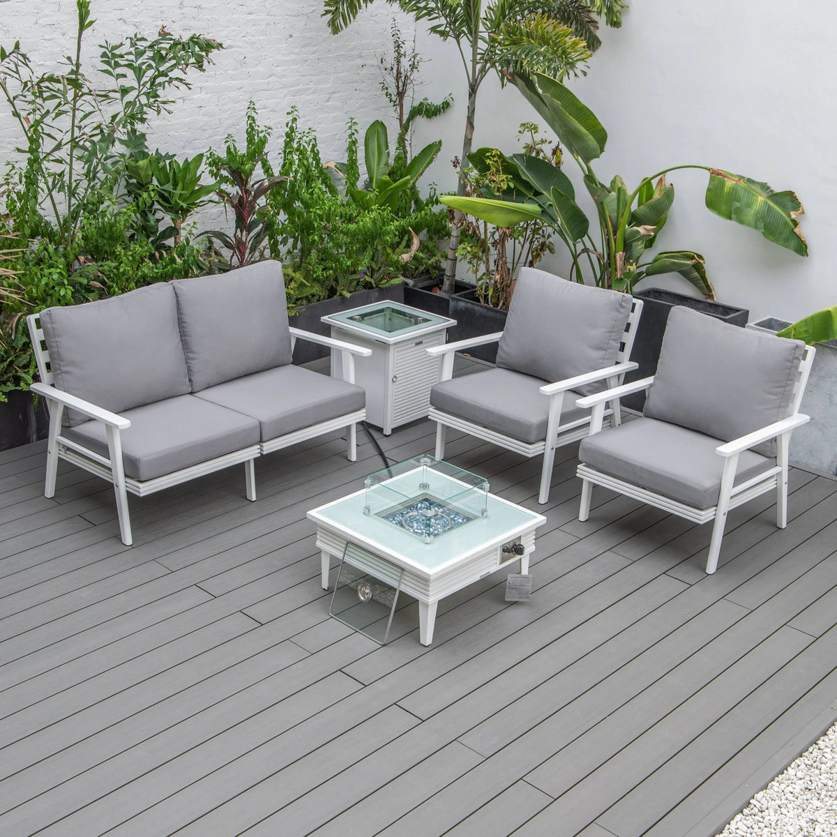 LeisureMod Walbrooke Modern Aluminum 5-Piece Patio Conversation Set with Outdoor Square Fire Pit Table with Slats Design & Side Table Tank Holder (Green)