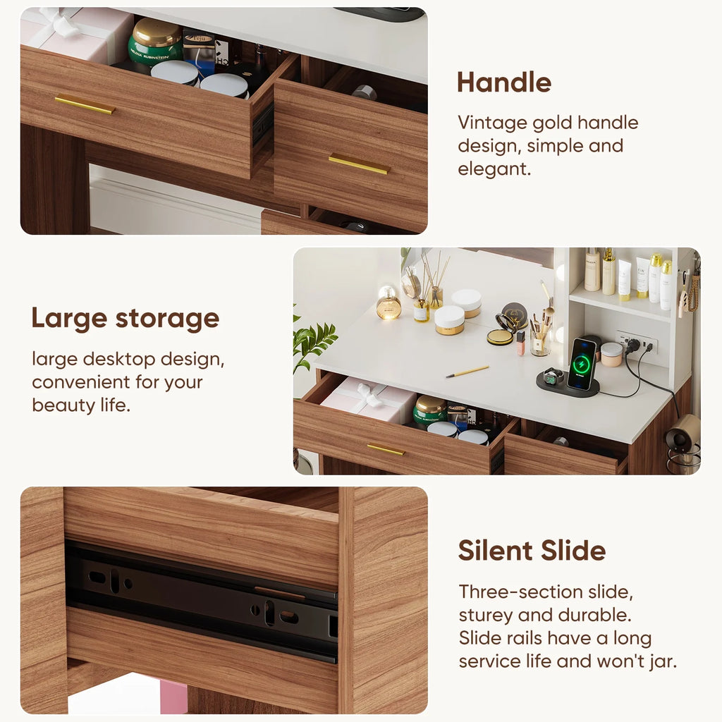 Makeup Vanity with Mirror and 3 Color Lights,Vanity Dressing Table with USB Charging Station,4 Drawers,Open Storage Shelves,White
