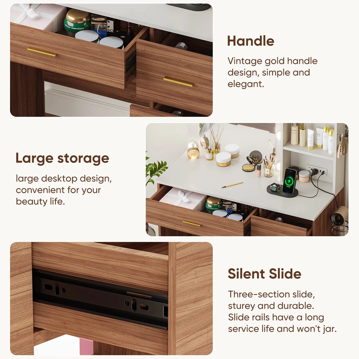 Makeup Vanity with Mirror and 3 Color Lights,Vanity Dressing Table with USB Charging Station,4 Drawers,Open Storage Shelves,White