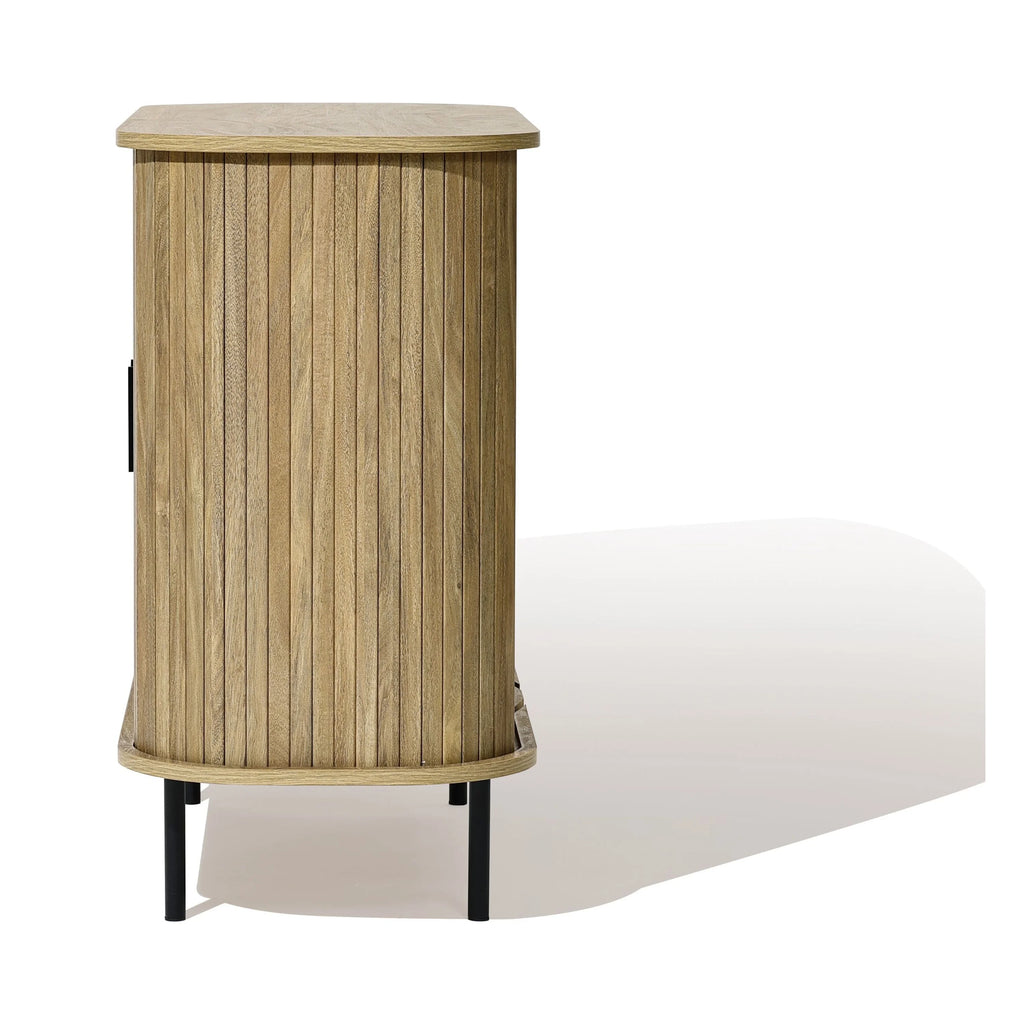 LuxenHome 35" Mid Century Modern Accent Cabinet, Small Buffet Cabinet with Sliding Door, Oak