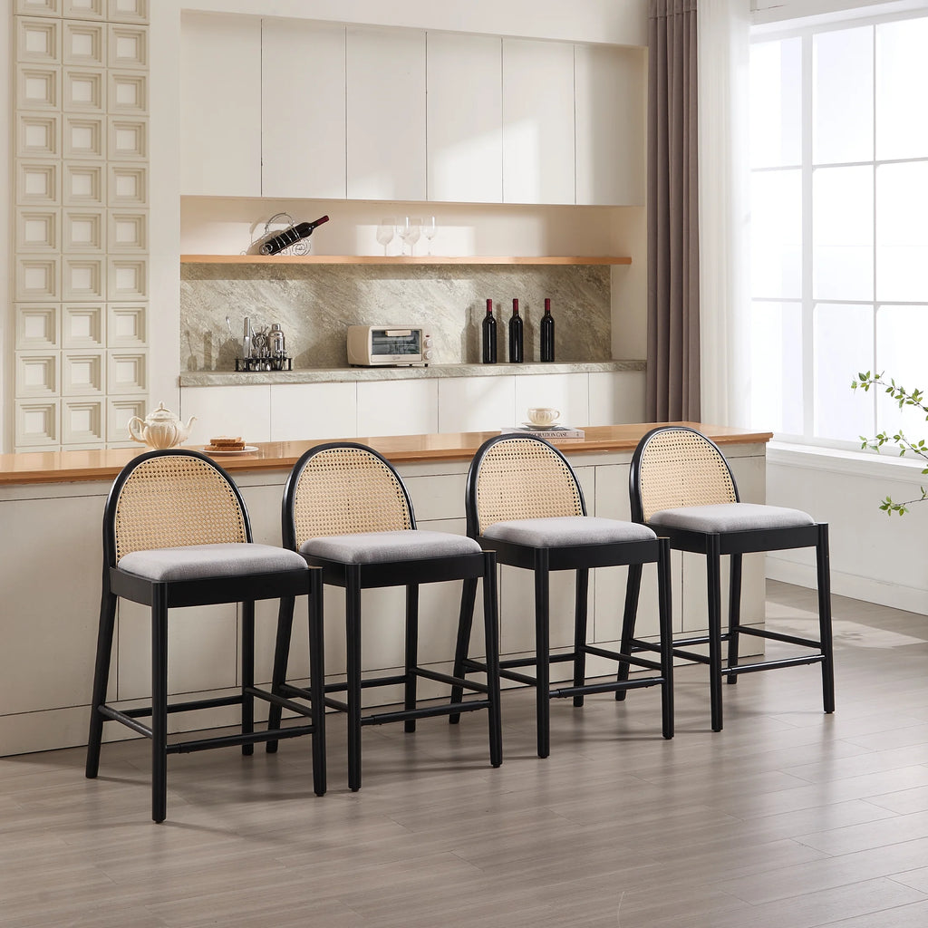 Guyou Modern Bar Stools Set of 2, 26" Counter Height Bar Stools with Natural Rattan Back and Solid Wood Frame, Sherpa Upholstered Kitchen Island Chairs for Bar Island Cafe Kitchen, Black