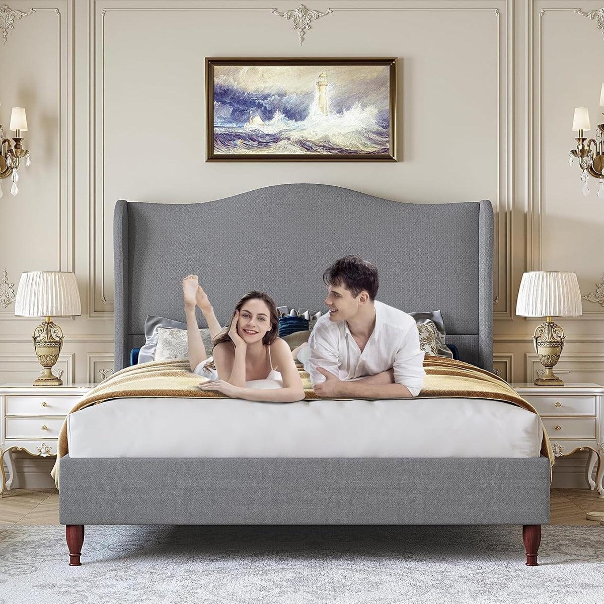 Neche Queen Upholstered Bed Frame with 51" Tall Headboard Classic Curved Wingback Platform Bed with Soft Fabric, Retro Simple Sleigh Bedframe No Box Spring Needed/Easy Assembly, White
