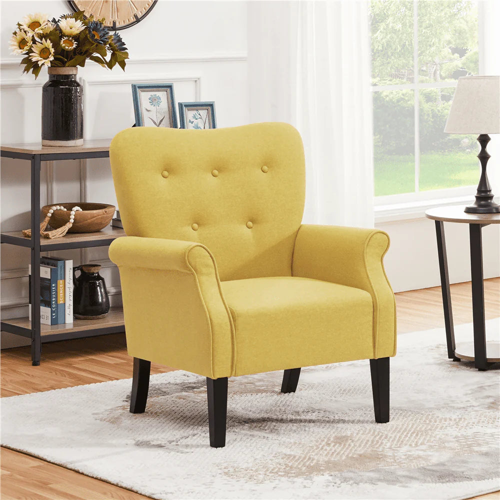 Topeakmart Modern Upholstered Accent Chair Roll Arm Single Sofa with Wooden Leg, Yellow