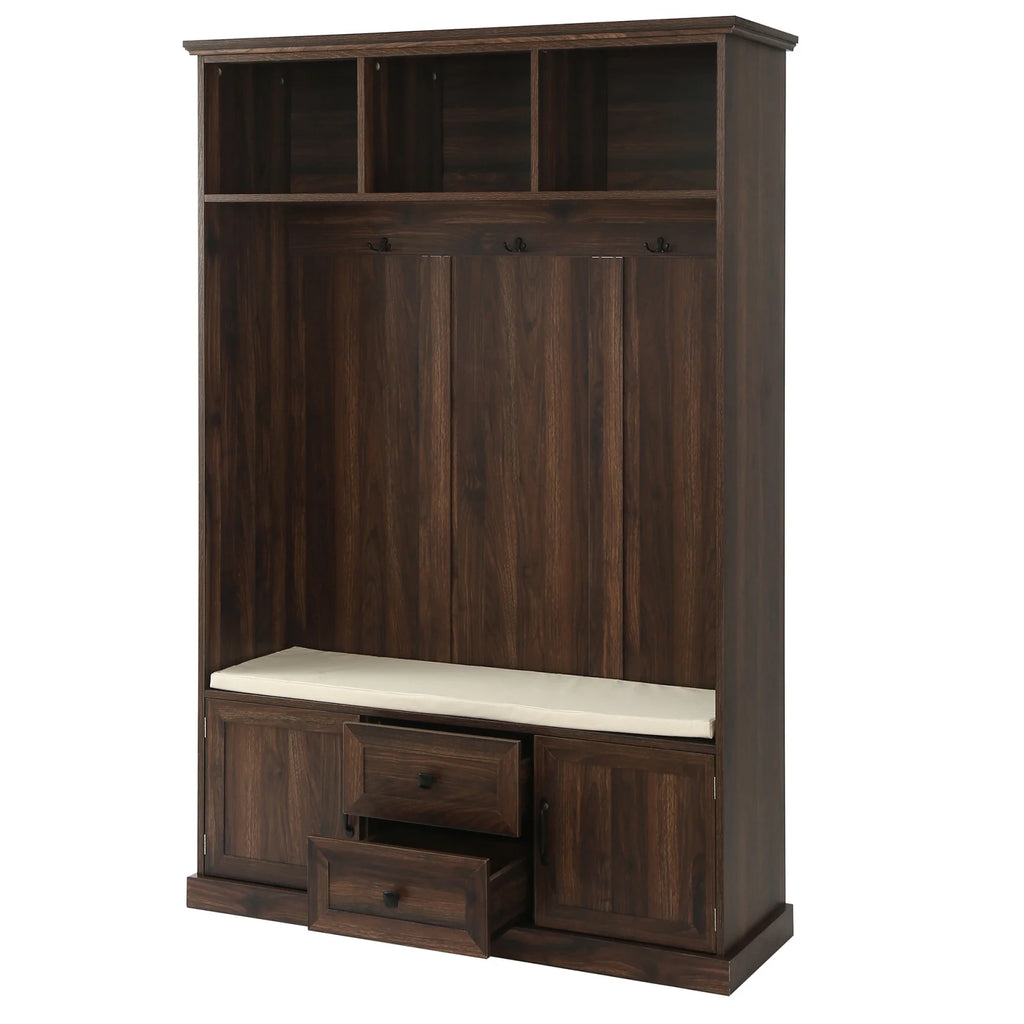 Triple Tree 3-in-1 Modern Wooden Tiger Entryway Bench Storage Cabinet Hall Tree