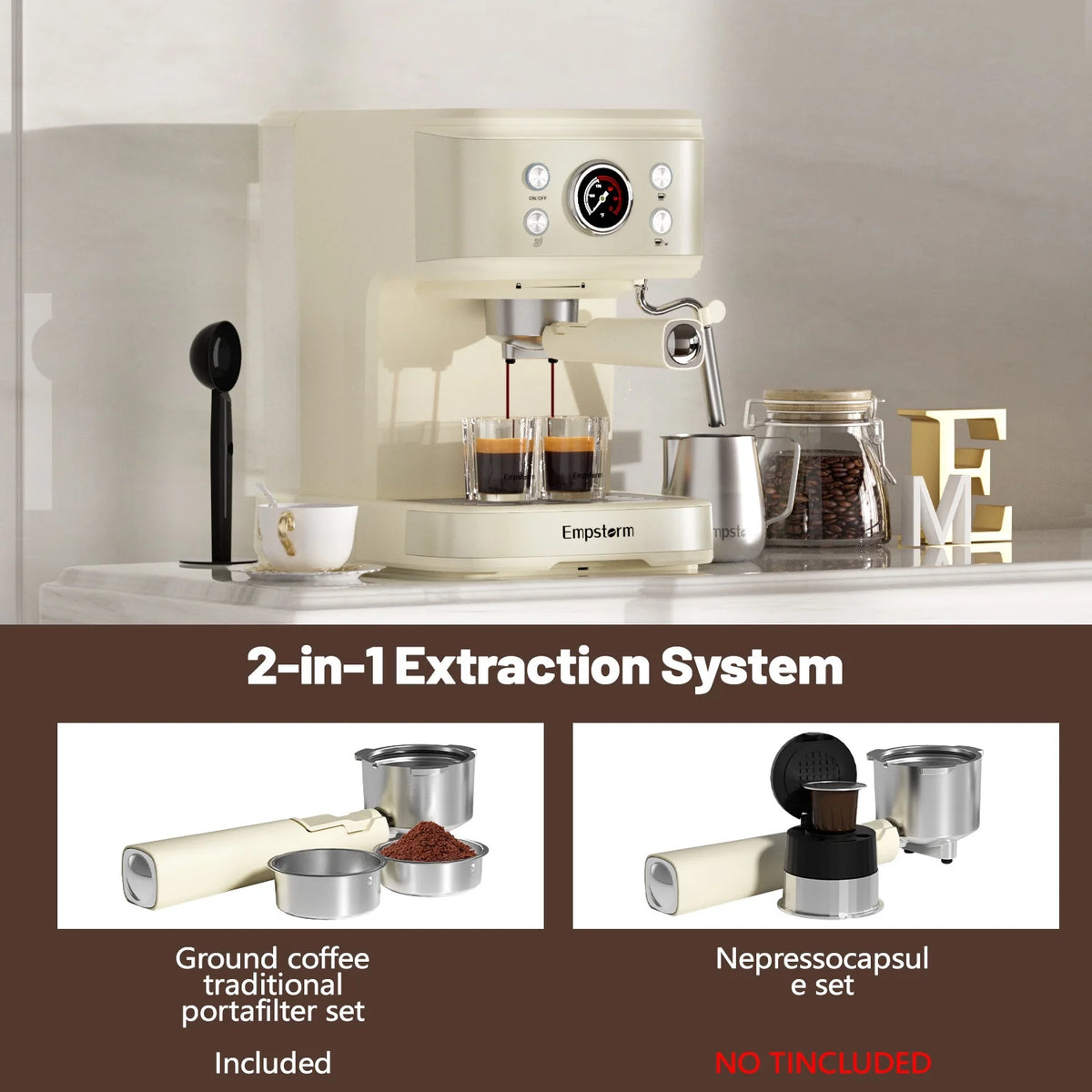 Empstorm 20 Bar Espresso Machine with Milk Frother Steam Wand, 3-in-1 Coffee Maker, Compatible with NS Pods, Stainless Steel, for Latte & Cappuccino, Beige