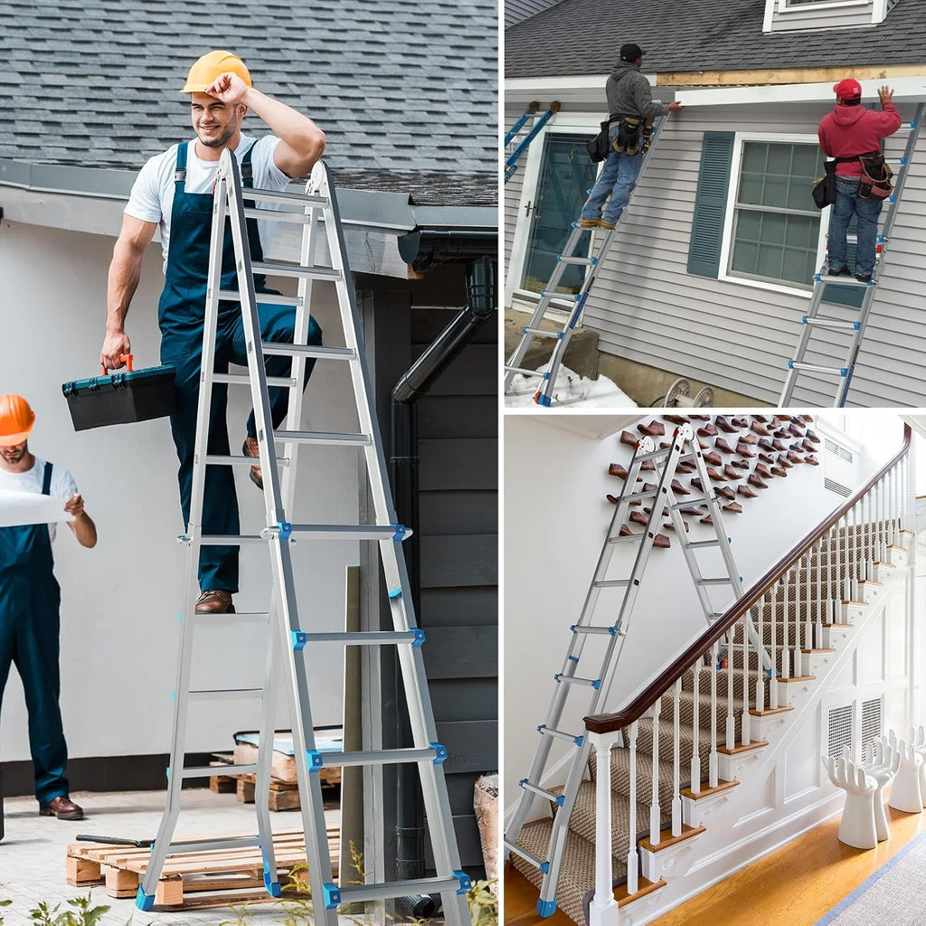 LUISLADDERS Ladder, A Frame 6 Step Ladder Telescoping Ladder, 22 Ft Reach Height Muti Position Folding Ladder Flared Leg & Wheels Design, 330 lbs Capacity Extension Ladder for Household Outdoor Work