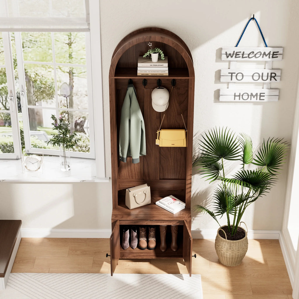 LUCKYELF Hall Tree with Shoe Storage, Entryway Bench with 4 Hooks and 2 Doors, Arch Coat Rack Cabinet for Hallway