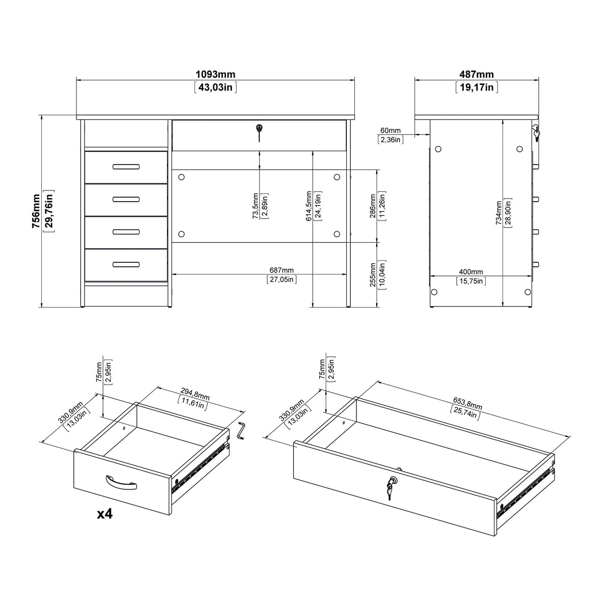 Tvilum Walden Desk with 5 Drawers