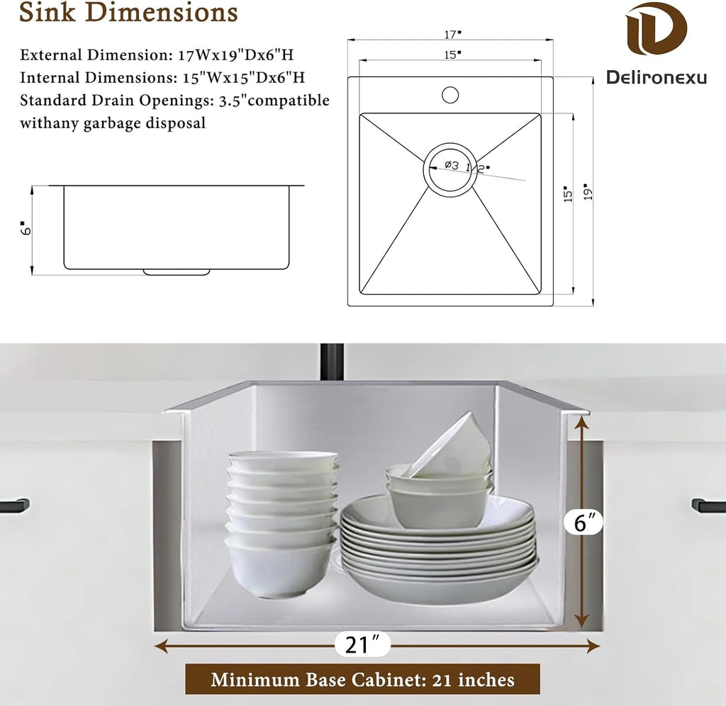 17 Inch Bar Sink Drop In �C  Small Kitchen Sink, Modern 18 Gauge Stainless Steel sink with Brushed Finish, 17"x19"x6" Single Bowl kitchen Sinks for RV, Prep, and Outdoor Use