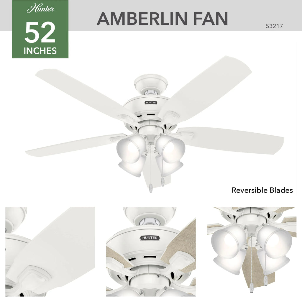 Hunter - Amberlin Indoor Ceiling Fan With Light, 52-inch, Brushed Nickel, Casual-style, 3-speed WhisperWind Motor, 53216, for Living Rooms, Bedrooms