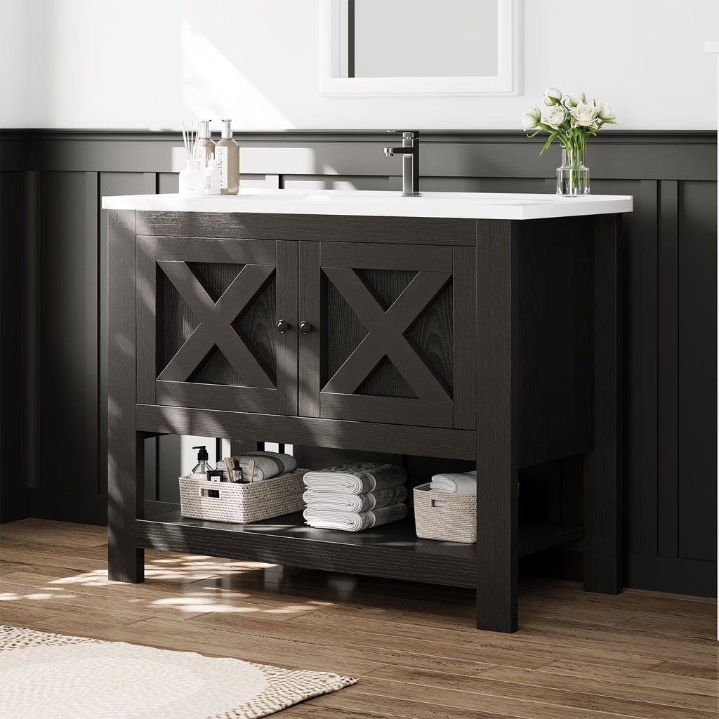DreamCurship Bathroom Vanity with Sink Combo, 35'' Bathroom Storage Cabinet with Storage, Farmhouse Bathroom Vanity Cabinet with 2 Doors and Open Shelf, White