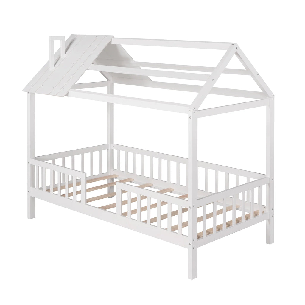 Euroco Twin Size Platform Bed, House Bed with Fence for Kids, Gray