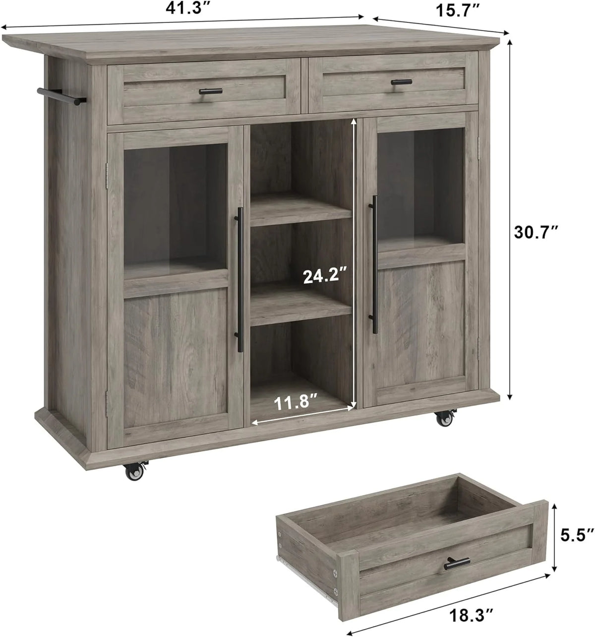 WALYWIK Foldable Kitchen Island Cart with Wheels, 2 Glass Doors, Spice Rack & Towel Holder �C Compact Mobile Storage Cart for Small Kitchens, Dining Rooms, Camping & RVs - Grey