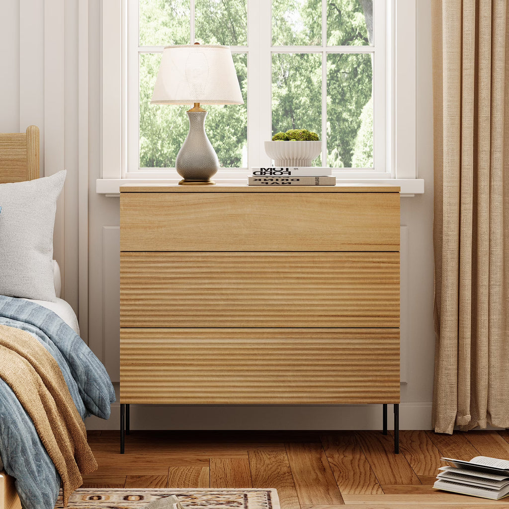 Modern Minimalist Wood Nightstand with 3 Drawers ,31.5" Large End Table,Reeded Design Bedside Table for Bedroom, Living Room,Entryway