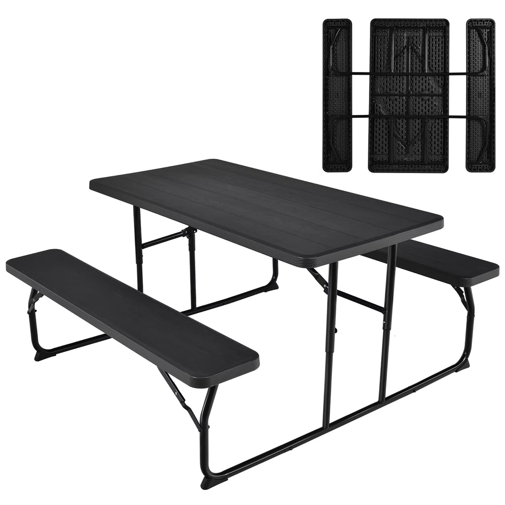 Costway Indoor & Outdoor Folding Picnic Table Bench Set w/ Wood-like Texture Grey