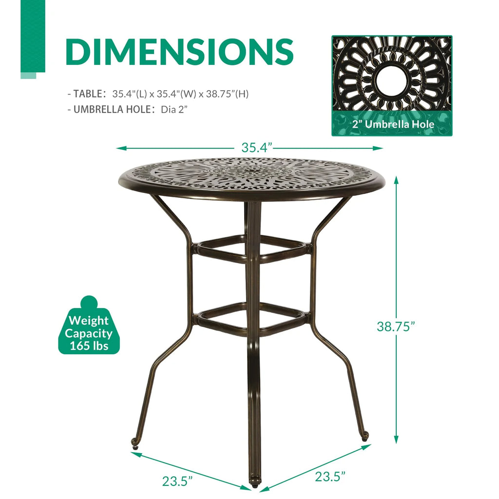 VIVIJASON 35.2" Patio Height Bar Table, All-Weather Cast Aluminum Bar Bistro Table Outdoor Patio Round Dining Table with Umbrella Hole for Balcony, Lawn, Garden, Backyard, Antique Bronze