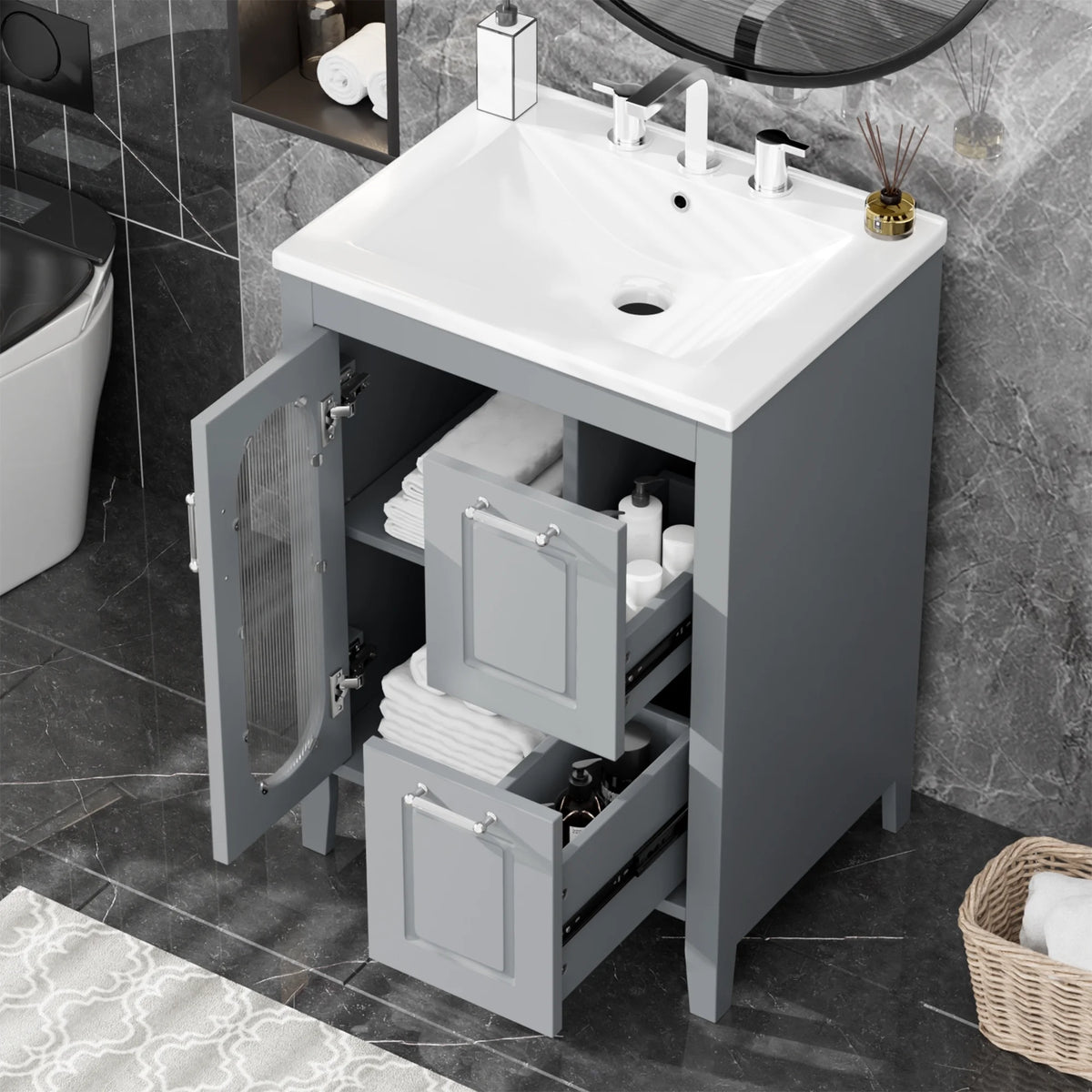 Soges 24" Bathroom Vanity with Ceramic Sink, Solid Wood Bathroom Makeup Cabinet with Door, Adjustable Shelf and 2 Drawer, Free Standing Single Basin Vanity Set for Small Bathroom, White