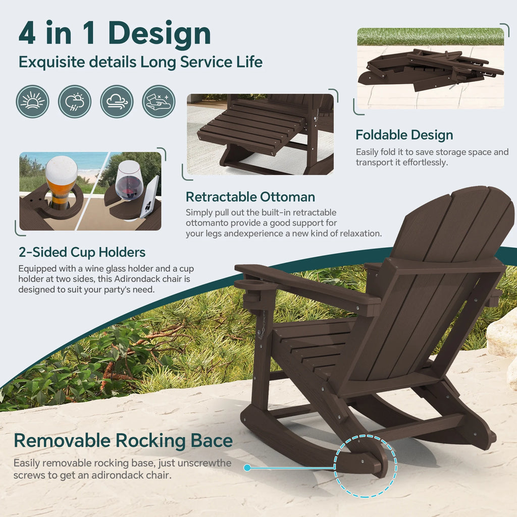 KINGYES Folding Adirondack Rocker Chair Set of 2 W/ Footrest & Dual Cup Holders, HDPE Outdoor Patio Rocking Chair, Black