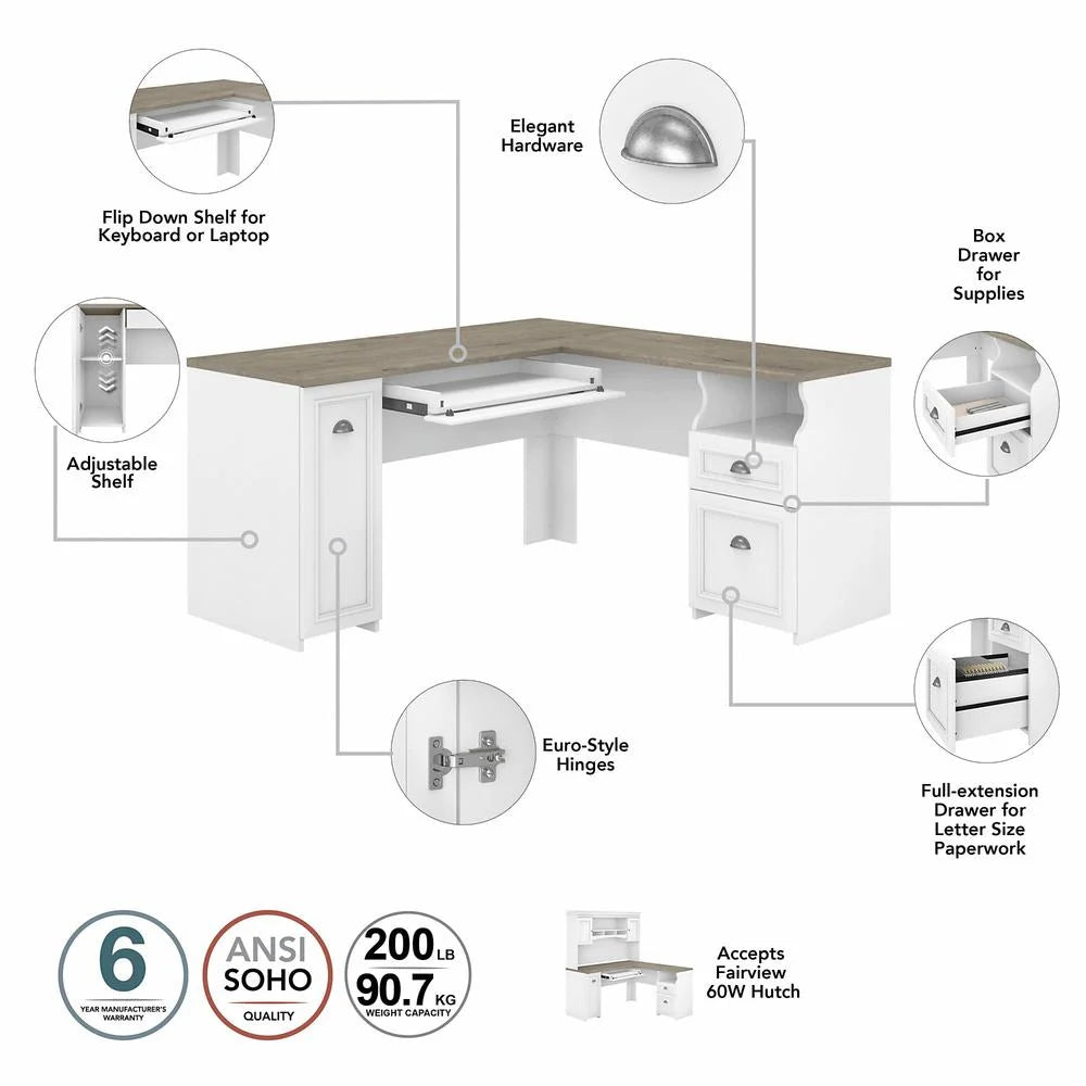 Fairview L Desk with Hutch and Storage Cabinet in White/Gray - Engineered Wood