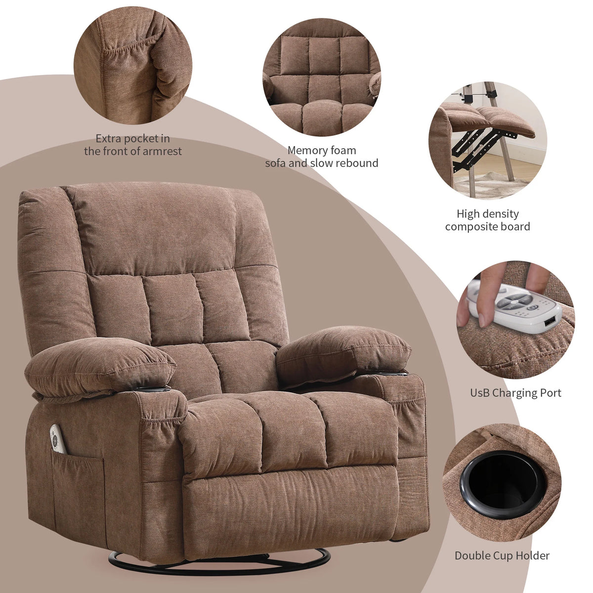 JONPONY Manual Recliner Chair with Heat Therapy and Massage Function, Heavy Duty Reclining Mechanism Massage Chair, Elderly Single Rocker Sofa with Cup Holders for Bedroom Home Theater,Blue