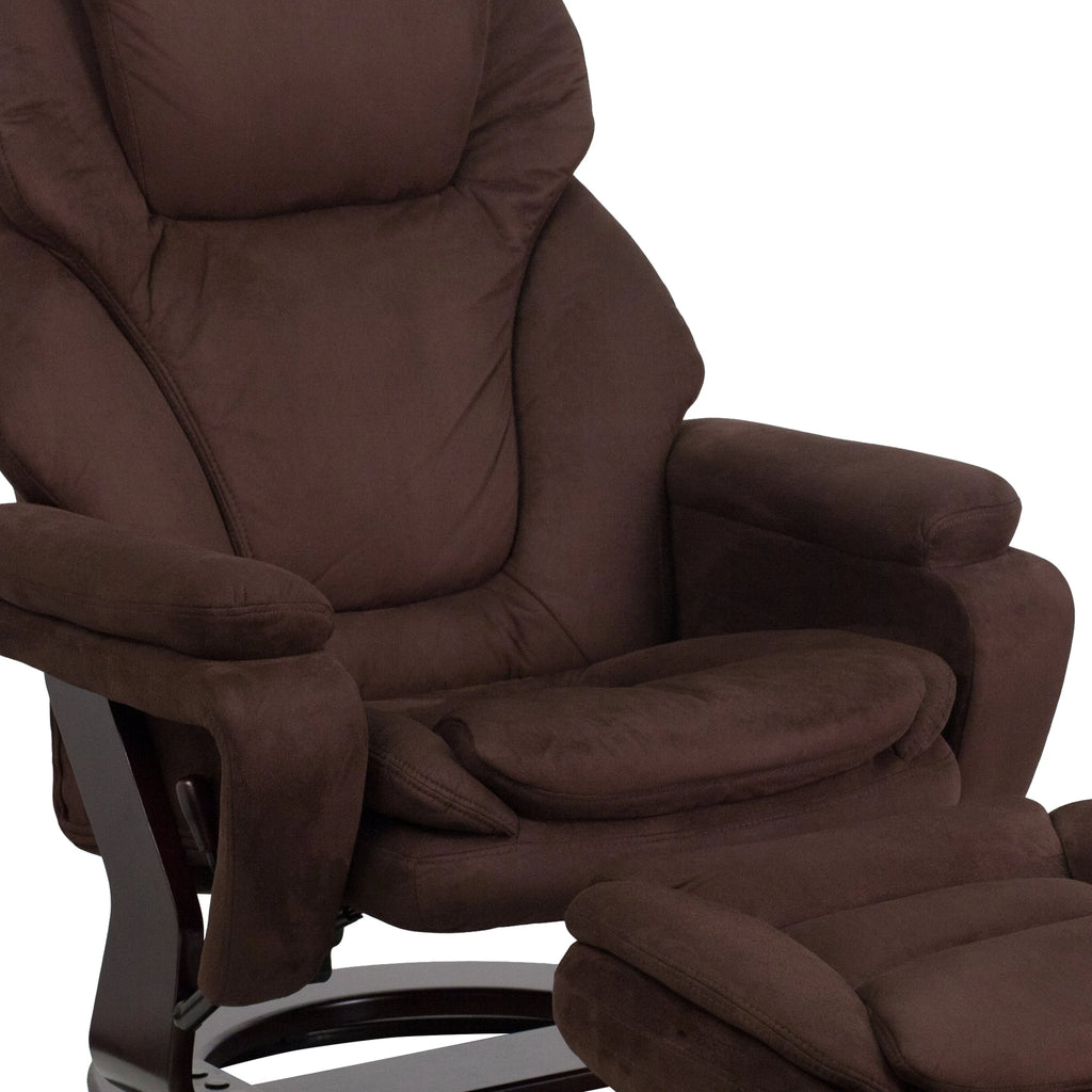 Emma + Oliver Multi-Position Recliner & Ottoman with Swivel Wood Base in Brown Microfiber
