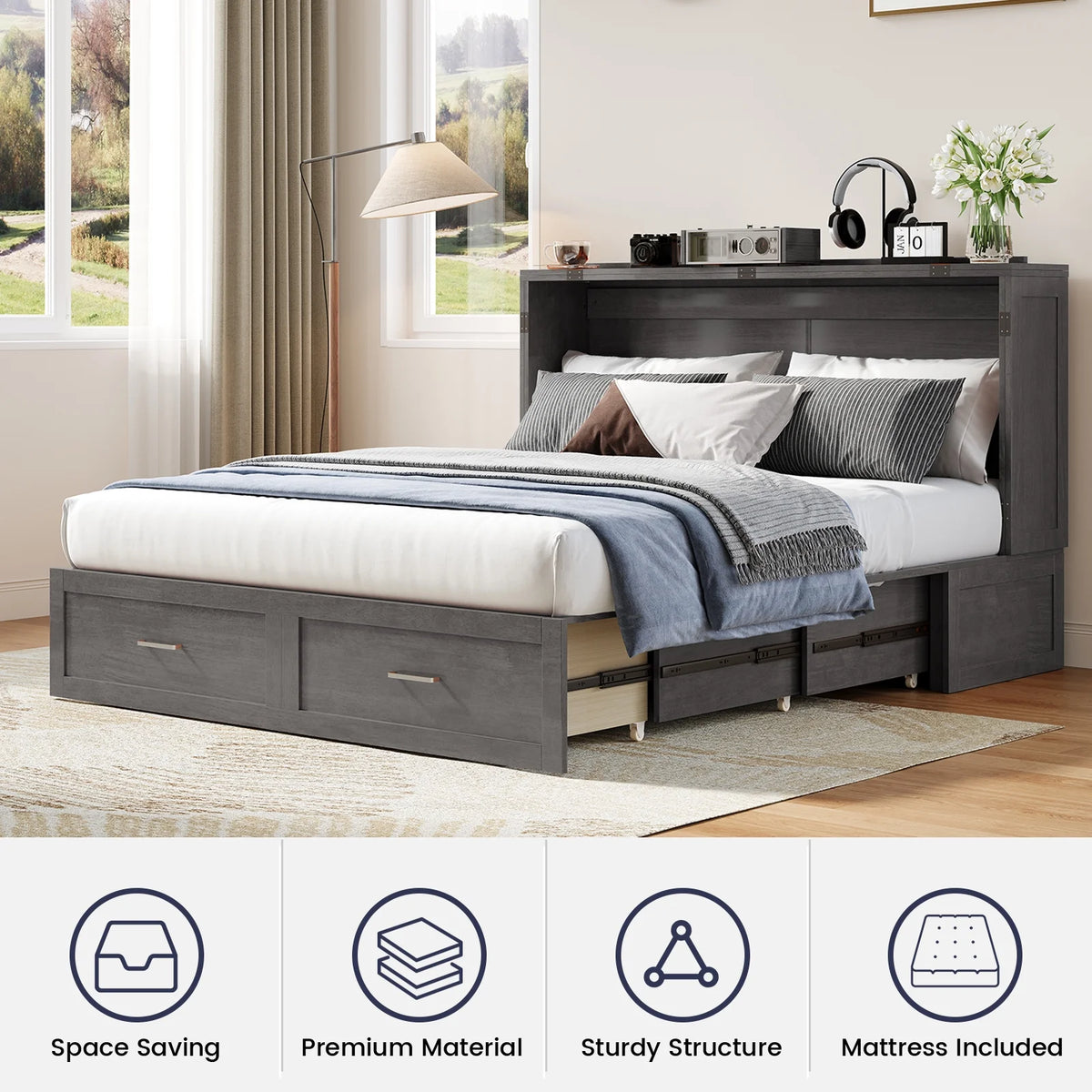 ZAFLY Murphy Bed with Trifold Foam Mattress, Cabinet Bed has USB Charging Station, Convertible Bed with Storage Platform, Cabinet Chest Bed with Large Drawers for Living Room/Bedroom (Grey)