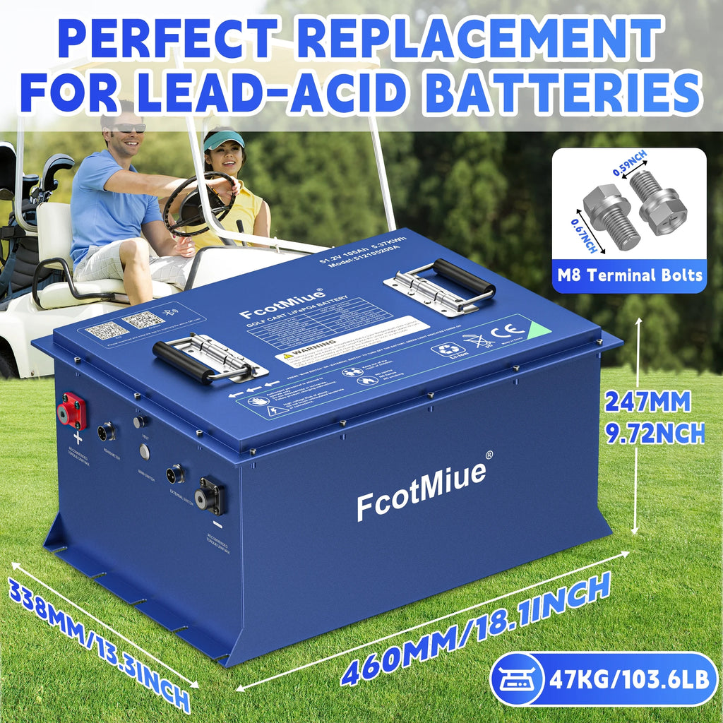 48Volt Lithium Golf Cart Battery , 6000+ Cycles 51.2V 105Ah LiFePO4 Battery, Built-in 200A Smart BMS Support up to 5kW Motor Conversion Kit ,with Touch Monitor & Mobile APP, 20A Charger