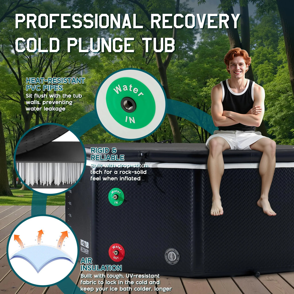Jocisland Inflatable Cold Plunge Tub for Athletes, Ice Bath Tub with Insulated Lid Non-Slip Mat, Water Chiller Compatible, Portable for Outdoor & Indoor Recovery, 150 Gal, 59"L x 32"W x 28"H