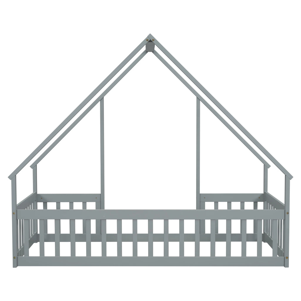 Bellemave Twin Size Floor Bed Frame, Wooden House Bed Twin Size with Fence, Montessori Bed with Guardrails for Bedroom (White)