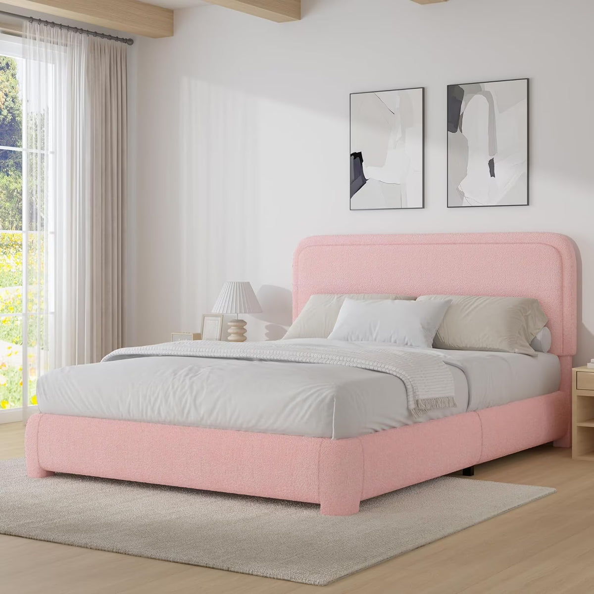 4 EVER WINNER Twin Size Bed Frame, Modern Bed Frame with Headboard, Boucle Fabric Upholstered Bed Frame, Soft Curved Headboard, Cream