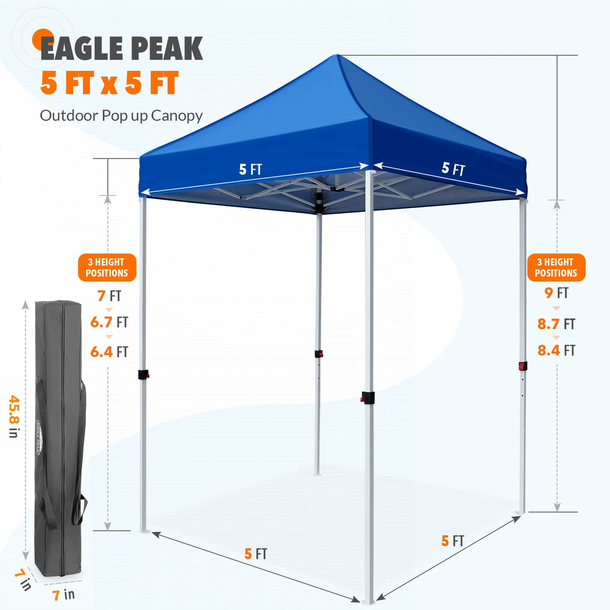 EAGLE PEAK 5x5 Pop Up Canopy Tent Instant Outdoor Canopy Easy Set-up Straight Leg Folding Shelter（Blue）