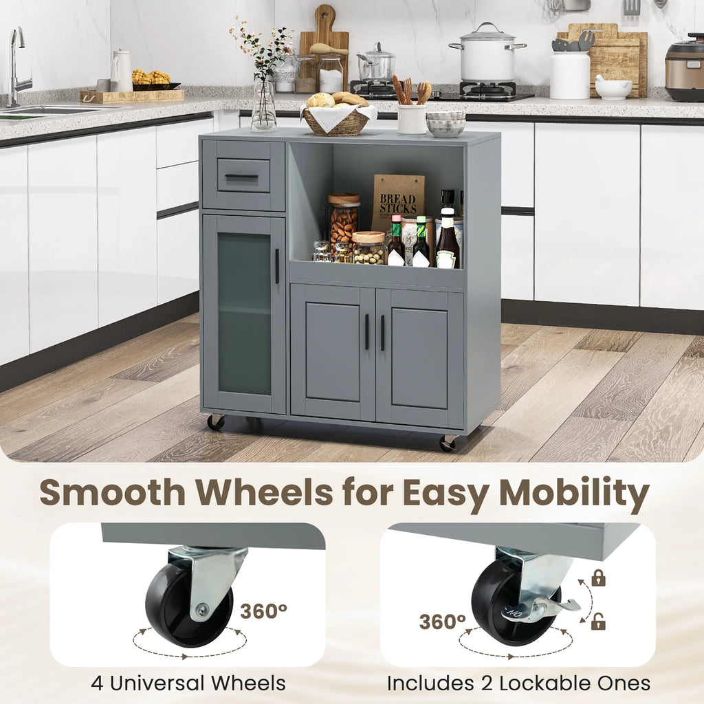 Gymax Kitchen Island Cart on Wheels Microwave Cabinet w/ Frosted Tempered Glass Door