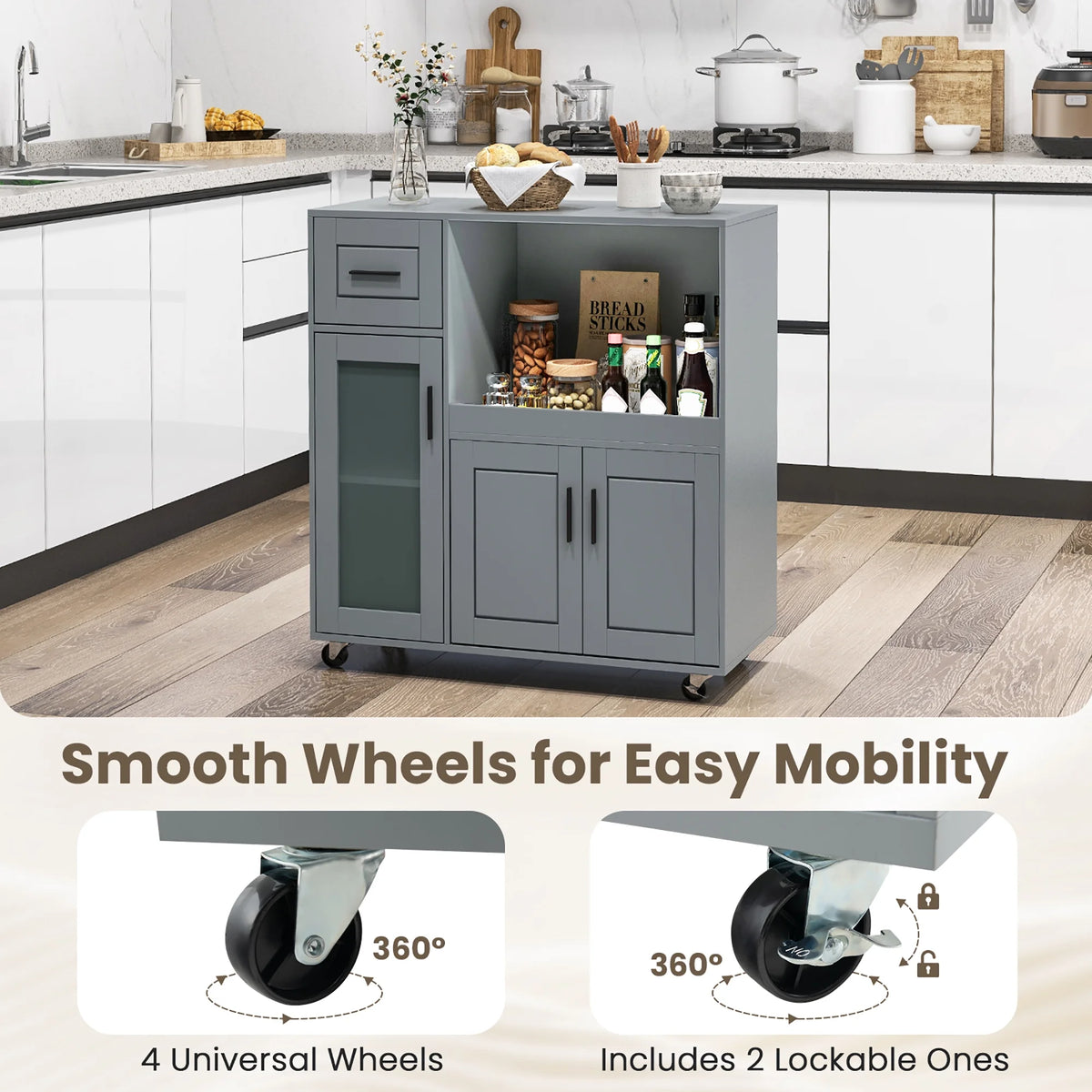 Gymax Kitchen Island Cart on Wheels Microwave Cabinet w/ Frosted Tempered Glass Door