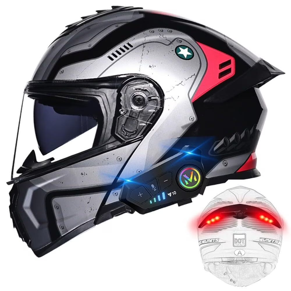 Bluetooth Modular Motorcycle Helmets with Tail Lights, DOT Approved Flip Up Full Face Dual Visor Motorcycle Helmet, with Dual Speakers and Microphone HA